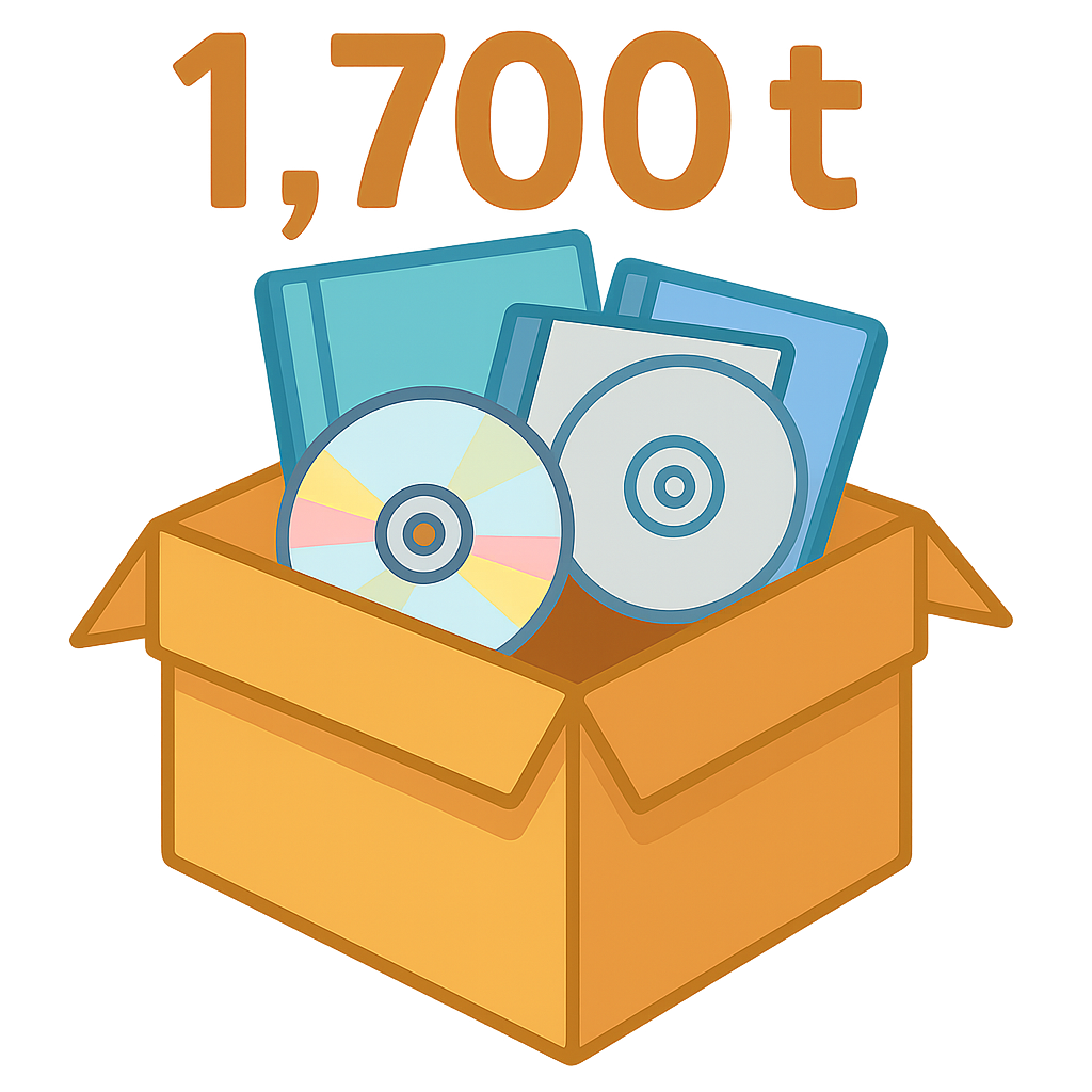 「日本全国のリユースチェーンから排出される年間1,700トンの売れ残りCD・DVDとケースを表す図。段ボール箱に大量のCD・DVDディスクとケースが詰め込まれており、上部に『1,700t』の文字。再利用されず廃棄・リサイクル対象となる現状を視覚的に伝える。」