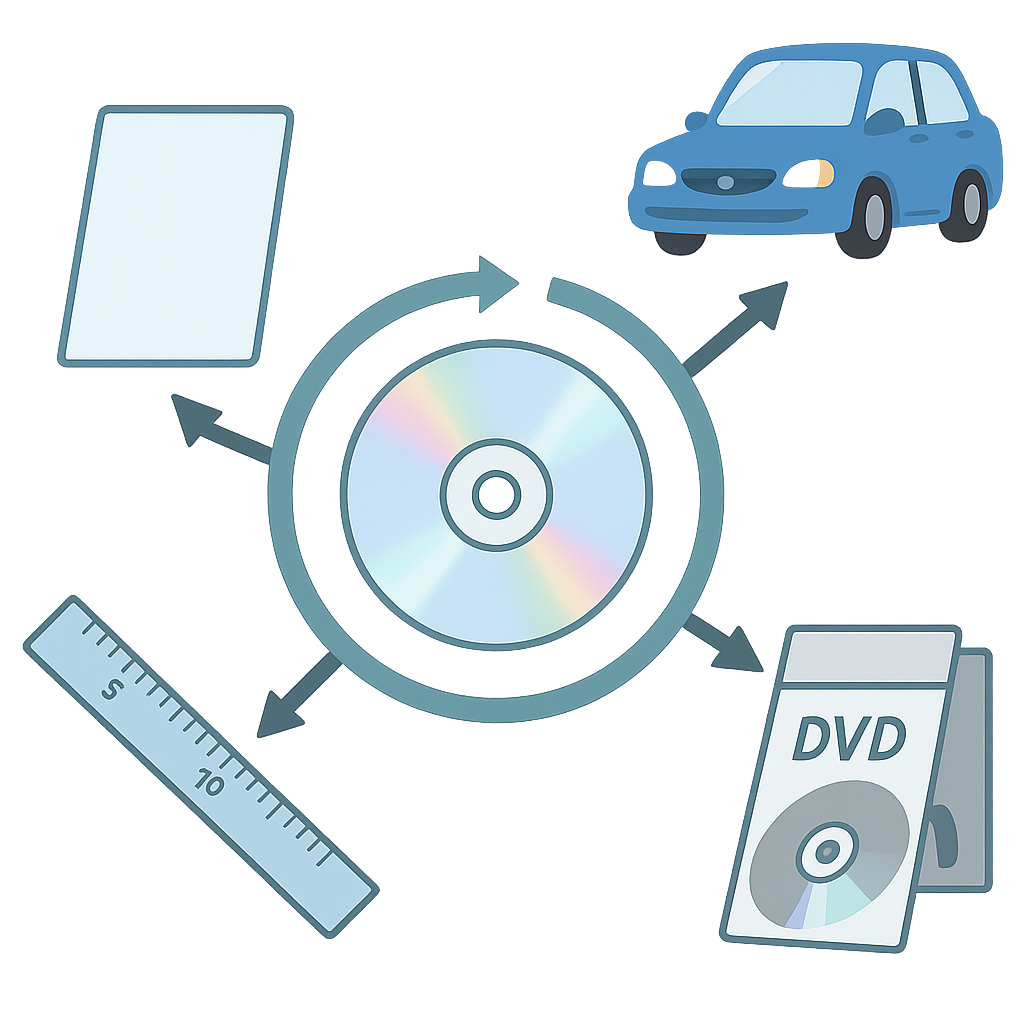 「使用済みCDから再生された製品を示す図。中央のCDから矢印が伸び、再生素材によって作られた自動車部品（自動車のイラスト）、定規、クリアファイル、DVDパッケージが配置されている。CDリサイクルの流れと再利用製品の例を視覚的に紹介。」 